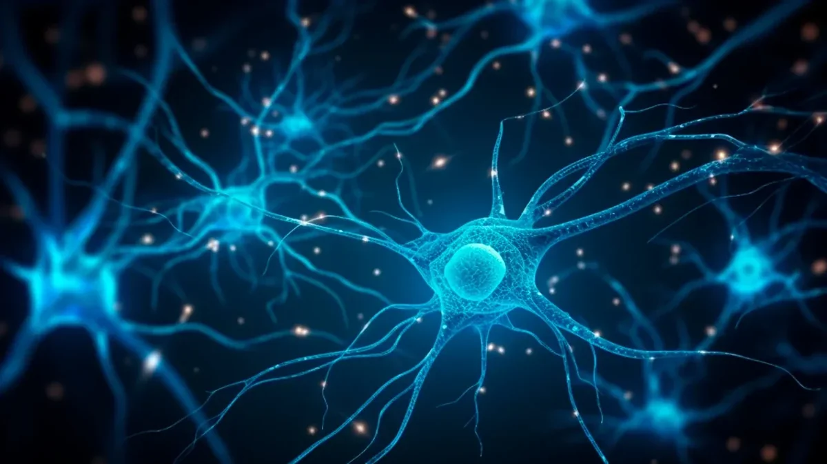 Brand graphic of glowing nerve cells joined by fine branches