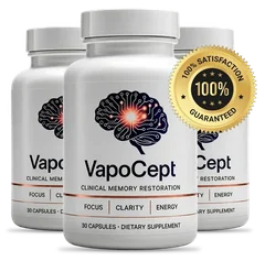Three white VapoCept capsule bottles with a 100 percent satisfaction guarantee seal