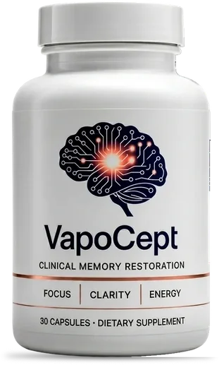 A white VapoCept capsule bottle render with a brain graphic, the wordmark, Clinical Memory Restoration, Focus Clarity Energy and 30 Capsules Dietary Supplement