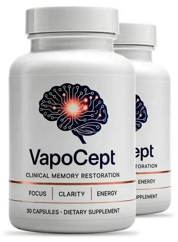 2 white VapoCept capsule bottles with a brain graphic and the VapoCept wordmark