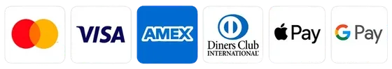 Payment logos: Mastercard, Visa, American Express, Diners Club, Apple Pay and Google Pay