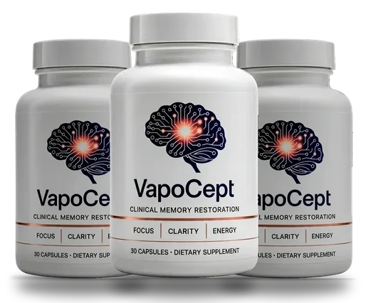 3 white VapoCept capsule bottles with a brain graphic and the VapoCept wordmark