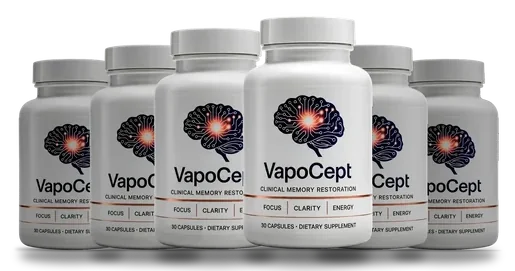 6 white VapoCept capsule bottles with a brain graphic and the VapoCept wordmark